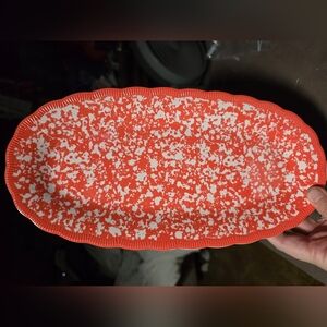 Pioneer Woman coral and White Country Splatter Oval Platter w/scalloped edges.